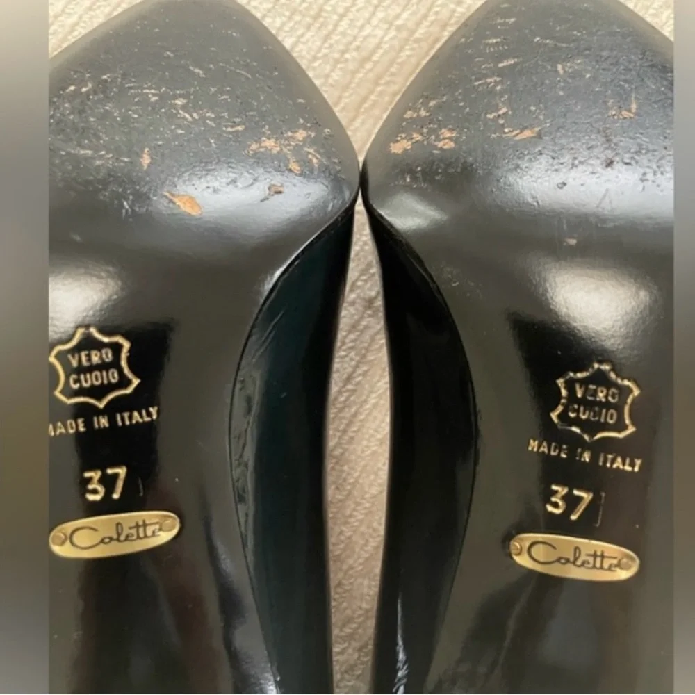 Collette Elegant Black Patent Leather Heel Pump with Contemporary Bow Size 6.5/7